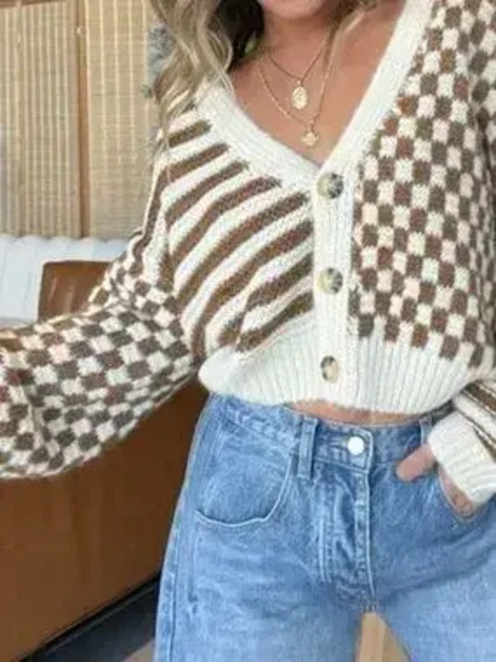 Checkered and Striped Pattern Button-Front Cropped Cardigan - Picture 2 of 5